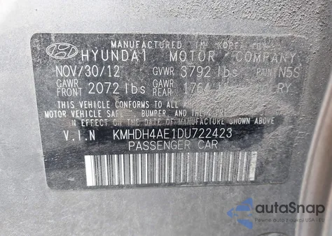 2013 Hyundai Elantra Limited from USA, damaged, VIN KMHDH4AE1DU722423